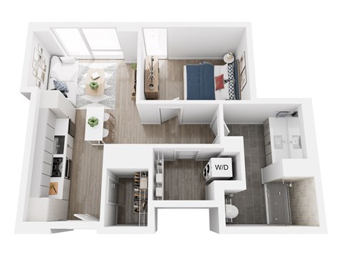 A top down view of a modern apartment layout.